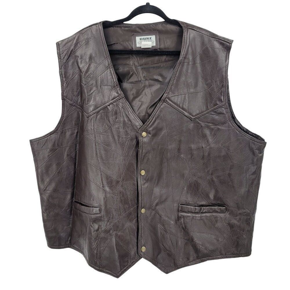 Duke Haband Mens Sz 4XL Western Brown Genuine Leather Patchwork Vest‎ Cowboy